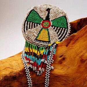 Vintage GenuinGemstone Leather Native American Thunderbird Seedbead Necklace